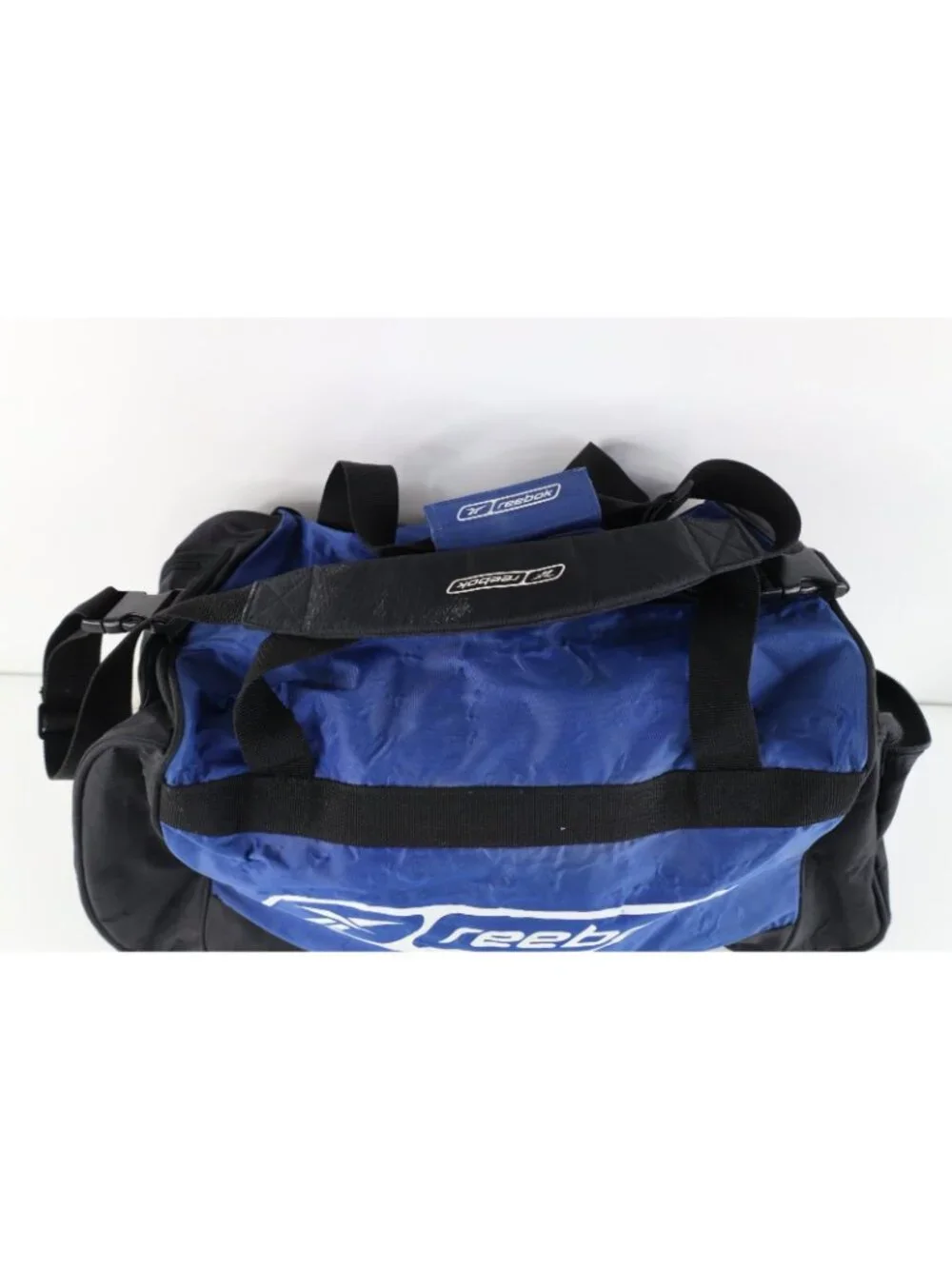 Vintage 90s Reebok Distressed Spell Out Handled Duffel Bag Gym Carry On Blue